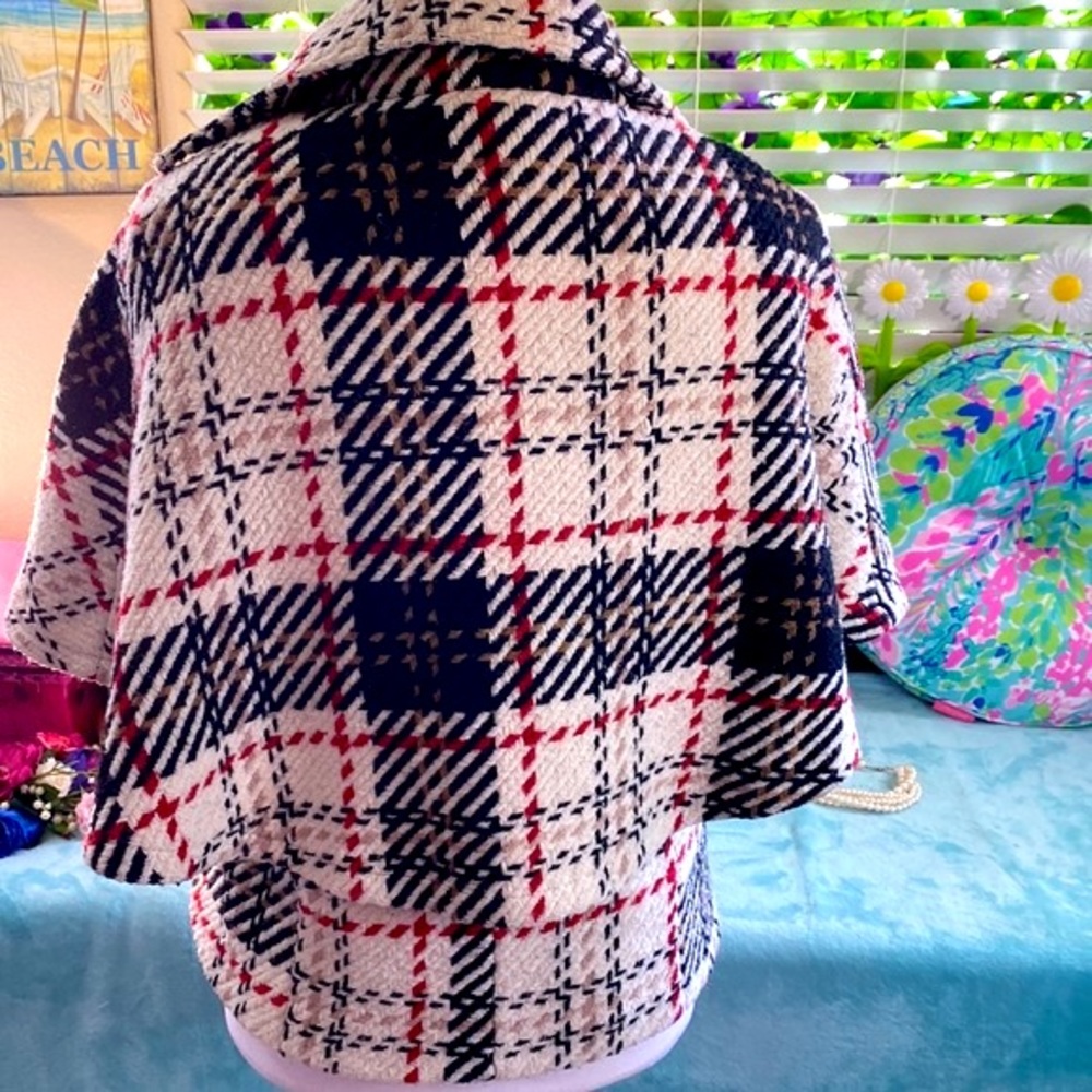 Classic cream, black and red woven plaid, double breasted cape style coat - Picture 5 of 8